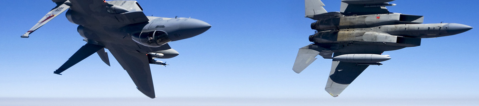 Two fighre jets of the F-15 family in flight